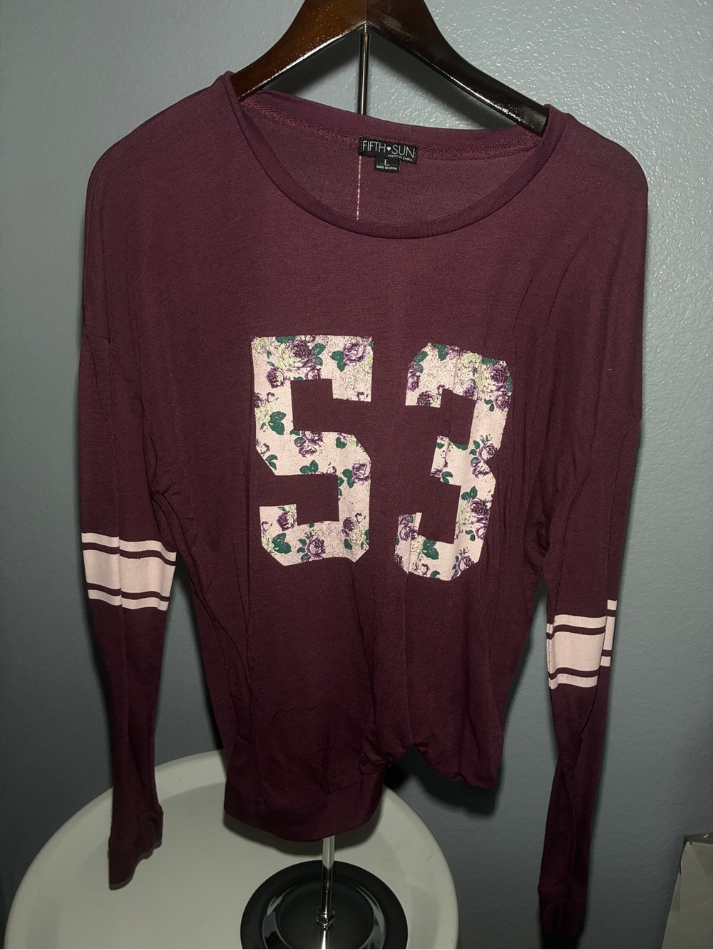Fifth Sun Women's Maroon Long Sleeve Top with Floral '53' Graphic